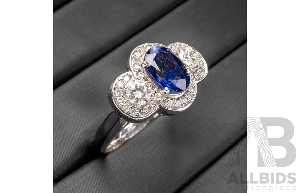 14ct White Gold Engagement Ring with Ceylon Sapphire & Diamonds with Valuation - Size N