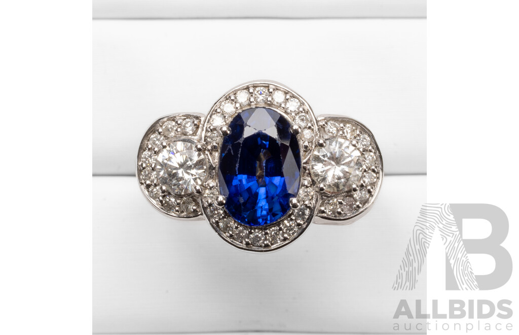 14ct White Gold Engagement Ring with Ceylon Sapphire & Diamonds with Valuation - Size N