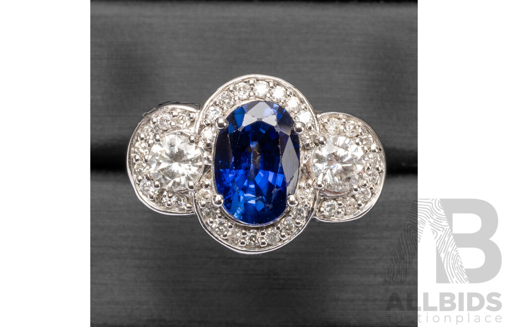 14ct White Gold Engagement Ring with Ceylon Sapphire & Diamonds with Valuation - Size N