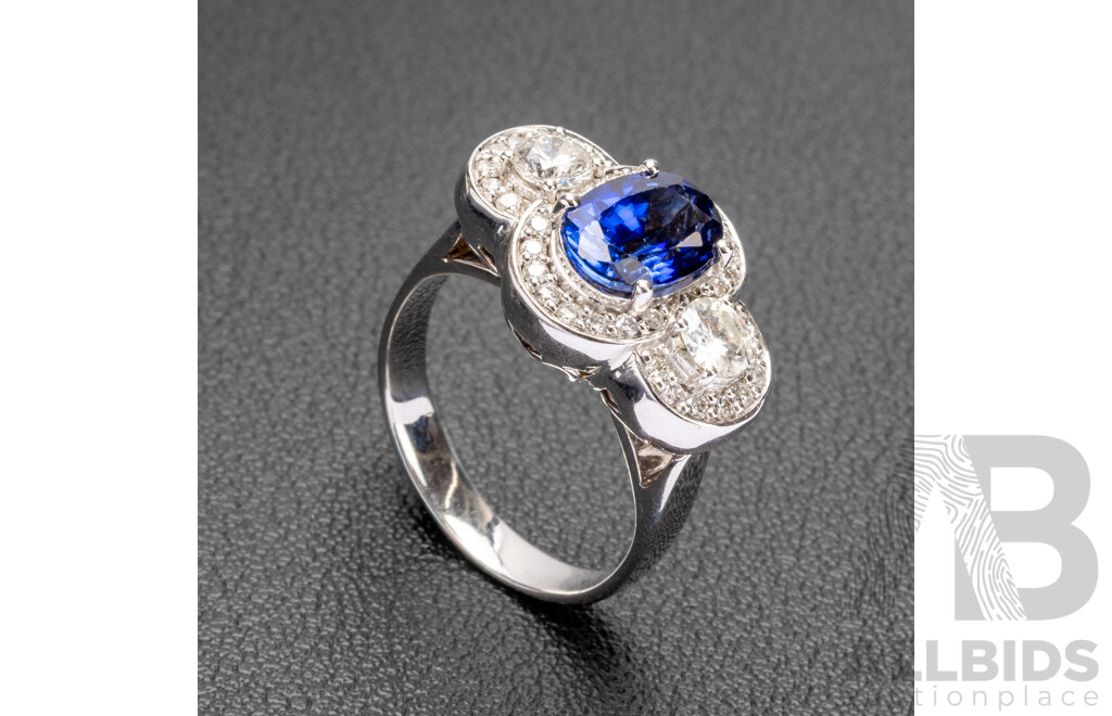 14ct White Gold Engagement Ring with Ceylon Sapphire & Diamonds with Valuation - Size N