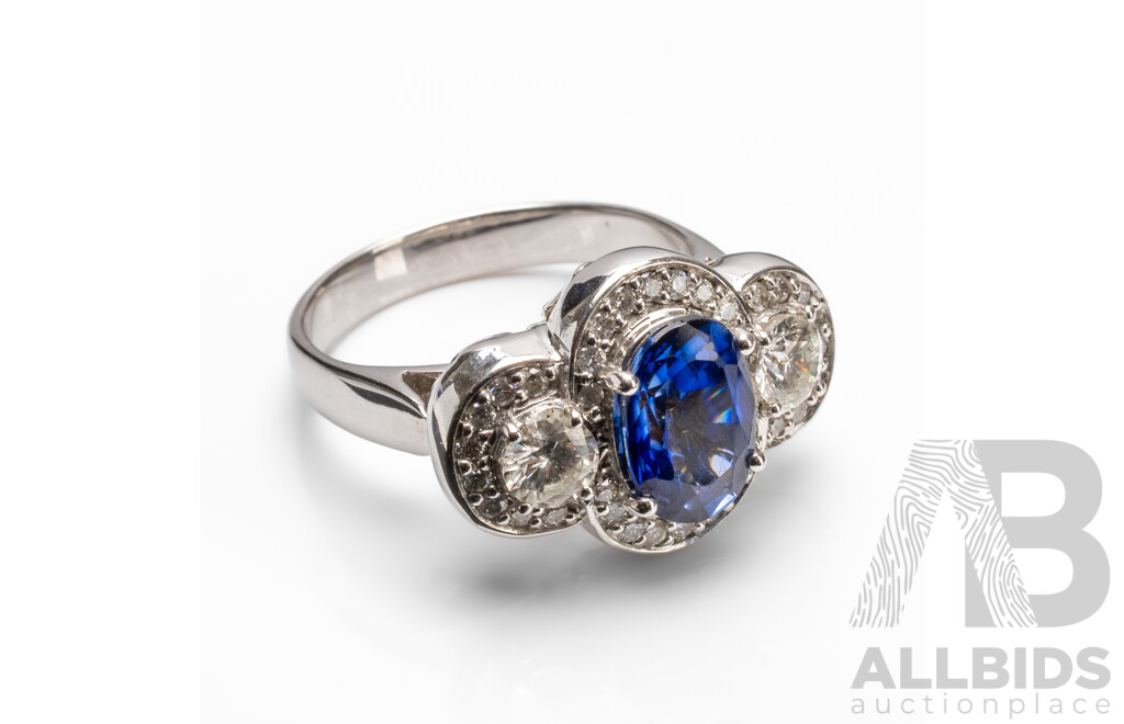 14ct White Gold Engagement Ring with Ceylon Sapphire & Diamonds with Valuation - Size N