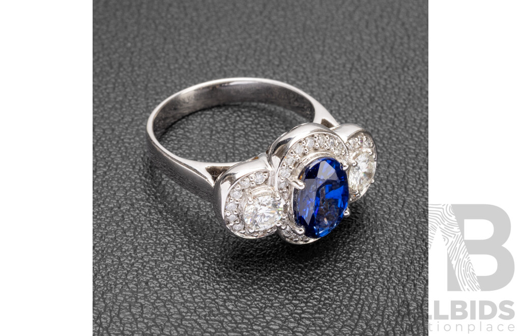 14ct White Gold Engagement Ring with Ceylon Sapphire & Diamonds with Valuation - Size N