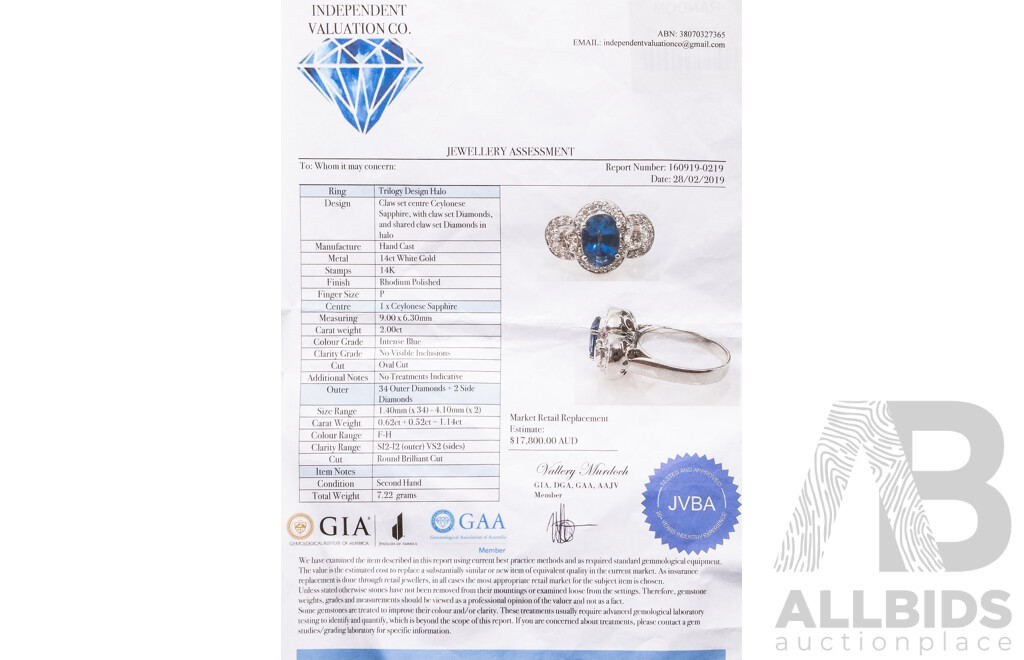 14ct White Gold Engagement Ring with Ceylon Sapphire & Diamonds with Valuation - Size N