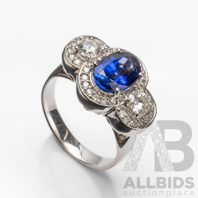 14ct White Gold Engagement Ring with Ceylon Sapphire & Diamonds with Valuation - Size N