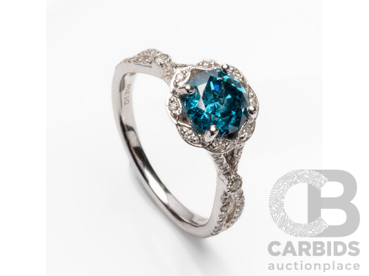 14ct White Gold Engagement Ring with Blue/White Diamonds - Size M