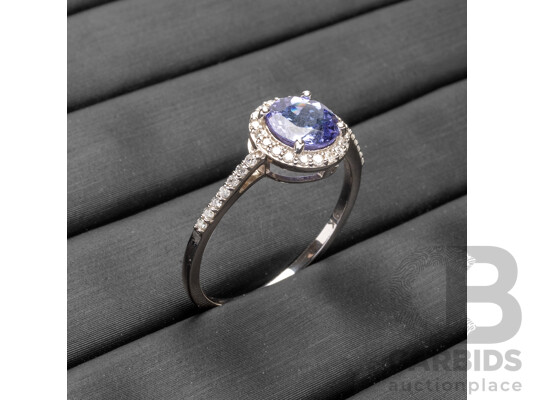 9ct White Gold Dress Ring with Tanzanite & Diamonds - Size N.5