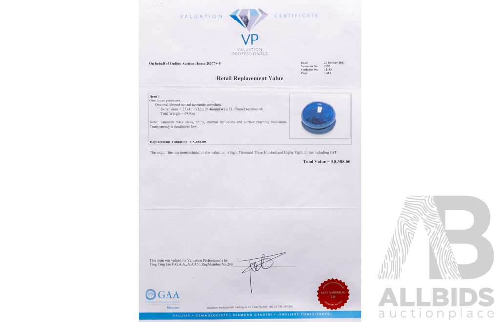 69.90ct Oval Cabochon Natural Tanzanite with Valuation