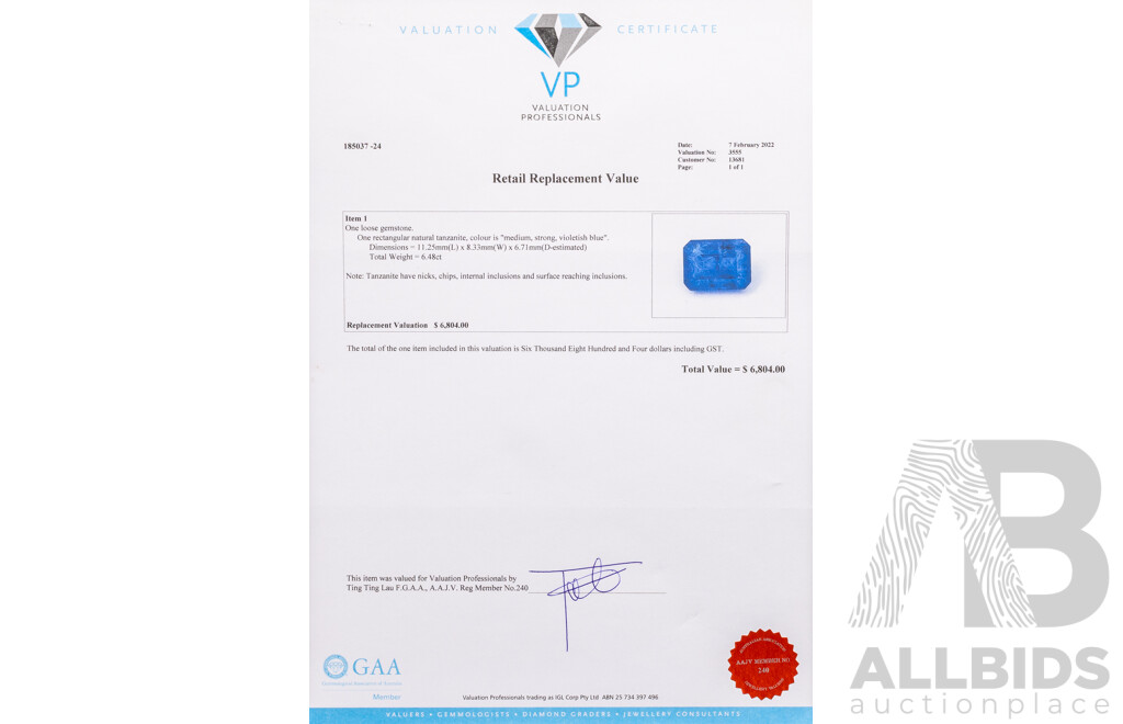 6.48ct Emerald Cut Violet/Blue Natural Tanzanite with Valuation