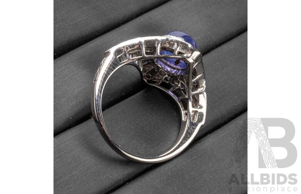 9ct White Gold Dress Ring with Tanzanite, Sapphires & Diamonds - Size N
