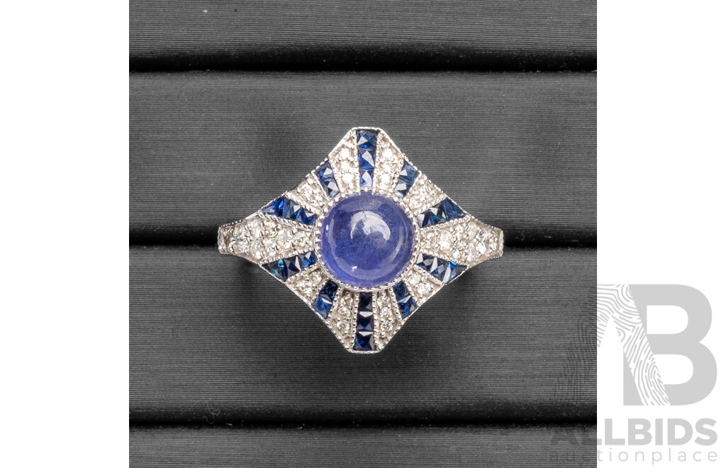 9ct White Gold Dress Ring with Tanzanite, Sapphires & Diamonds - Size N