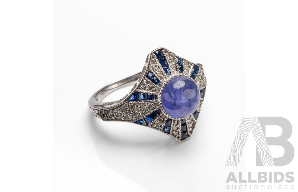 9ct White Gold Dress Ring with Tanzanite, Sapphires & Diamonds - Size N