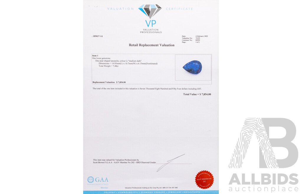7.48ct Pear Cut Medium Dark Blue Natural Tanzanite with Valuation
