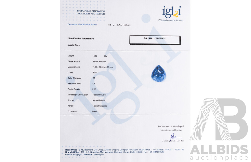16.57ct Pear Cut Natural Tanzanite with Certification