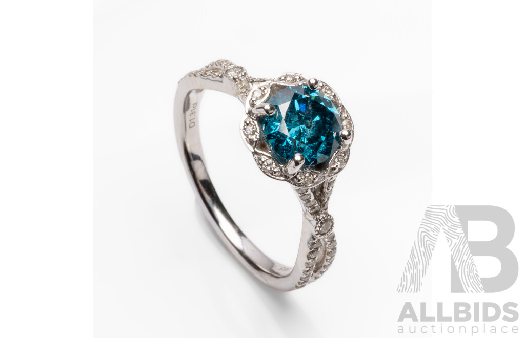 14ct White Gold Engagement Ring with Blue/White Diamonds - Size M