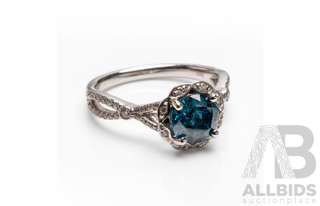 14ct White Gold Engagement Ring with Blue/White Diamonds - Size M