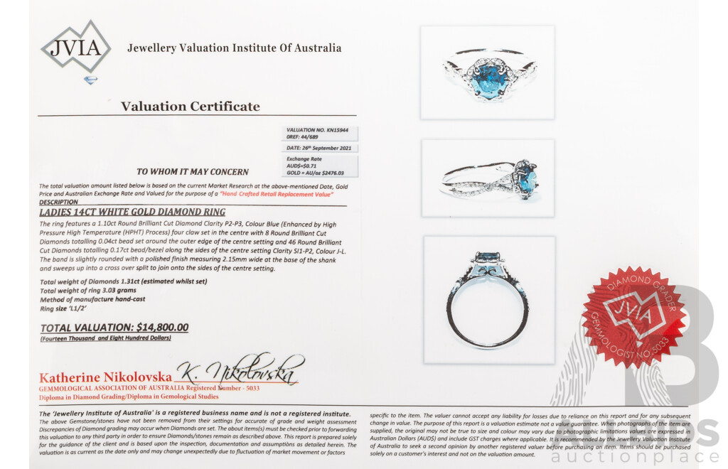 14ct White Gold Engagement Ring with Blue/White Diamonds - Size M