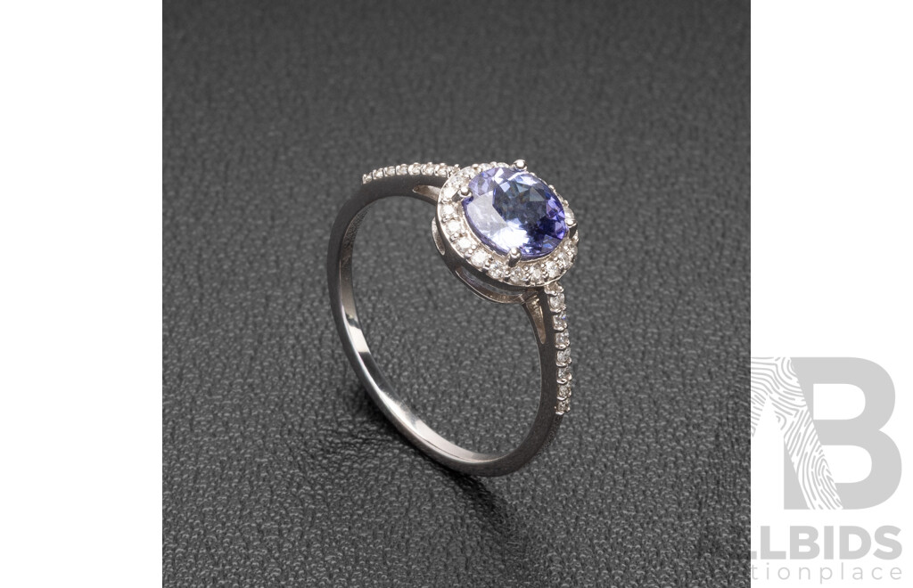 9ct White Gold Dress Ring with Tanzanite & Diamonds - Size N.5