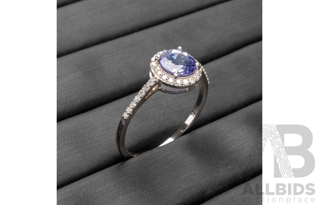 9ct White Gold Dress Ring with Tanzanite & Diamonds - Size N.5
