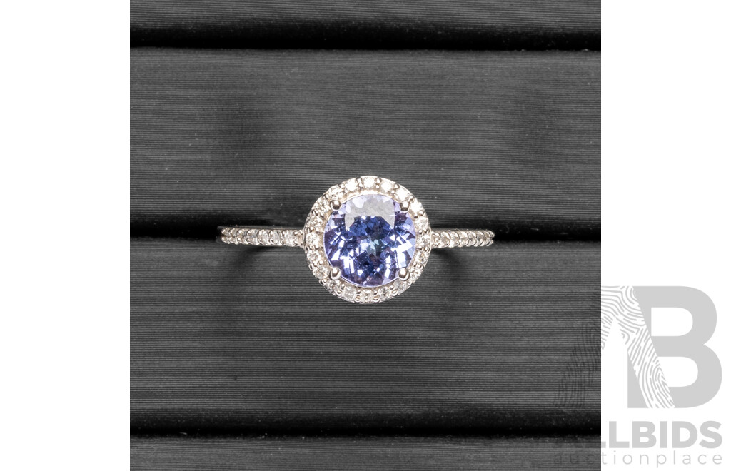 9ct White Gold Dress Ring with Tanzanite & Diamonds - Size N.5