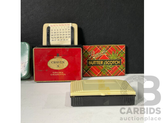 Vintage English Car Desk Calender, Humber, Hillman, Sunbeam-Talbot Etc with Portugal 1967 Inauguration Margueira Ship Yard Medallion, Art Deco Jewellery Box, Vintage Tins