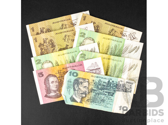 Collection of Australian Banknotes Including 1989 Ten Dollar, Fraser/Higgins, 1991 Five Dollars, Fraser/Cole, Three 1985 Two Dollars Johnston/Fraser, Three 1982 One Dollars, Johnston/Stone