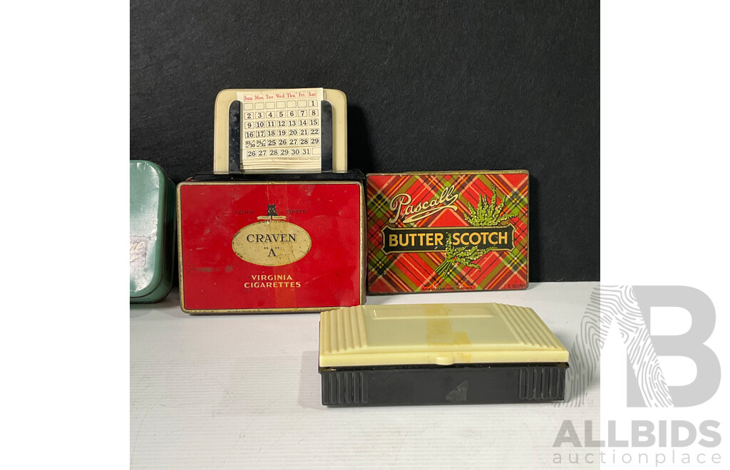 Vintage English Car Desk Calender, Humber, Hillman, Sunbeam-Talbot Etc with Portugal 1967 Inauguration Margueira Ship Yard Medallion, Art Deco Jewellery Box, Vintage Tins