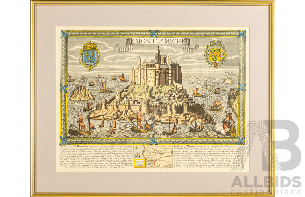 Le Mont-Saint-Michel (France), Wonderful Contemporary Historical Reproduction by Derveaux After Engraving by Jollain (c1680), 48H x 60W cm (frame)