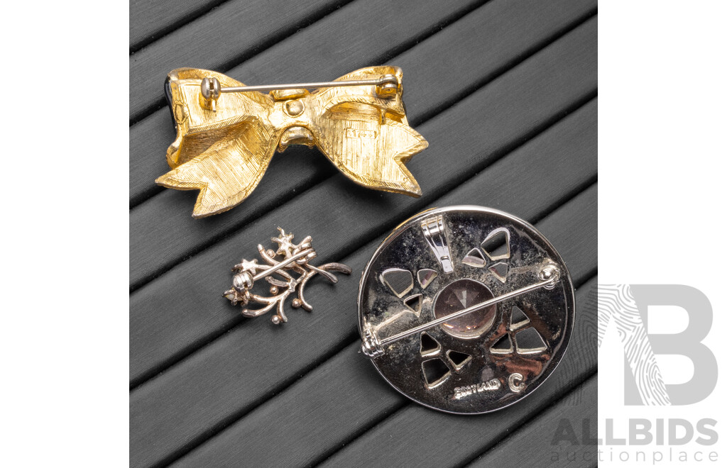 Sterling Silver Floral Pearl Brooch, Silver Tone Celtic 'Past Times' Brooch & Enamel Bow Tie Brooch - Lot of 3