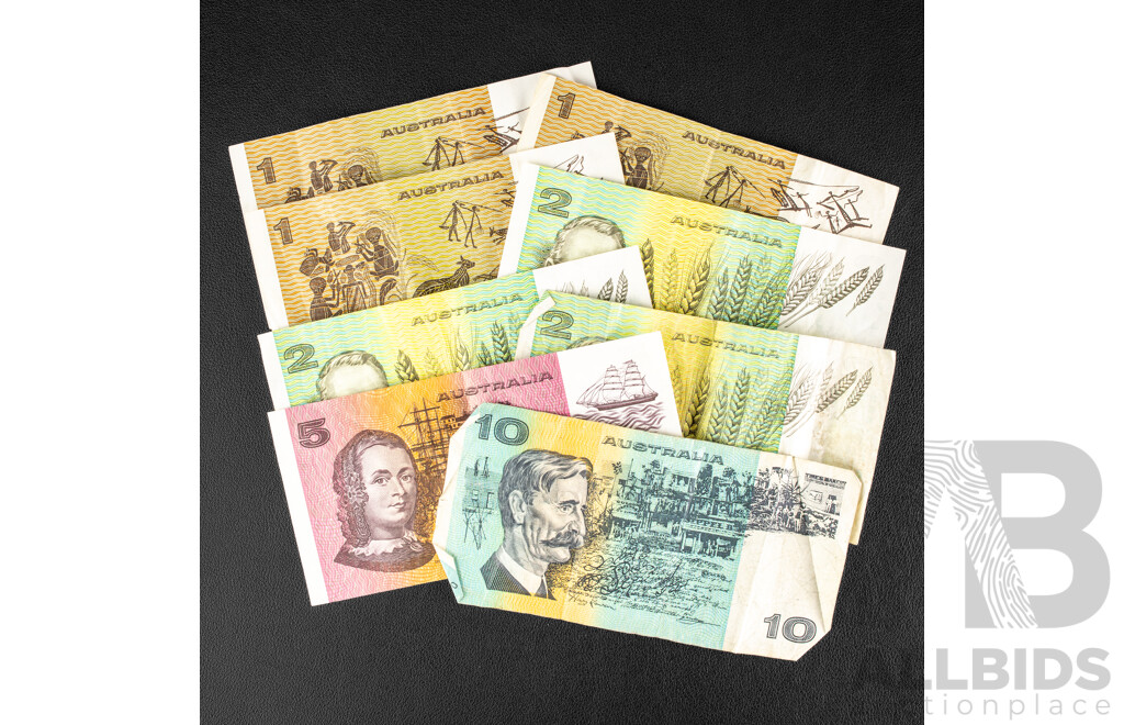 Collection of Australian Banknotes Including 1989 Ten Dollar, Fraser/Higgins, 1991 Five Dollars, Fraser/Cole, Three 1985 Two Dollars Johnston/Fraser, Three 1982 One Dollars, Johnston/Stone