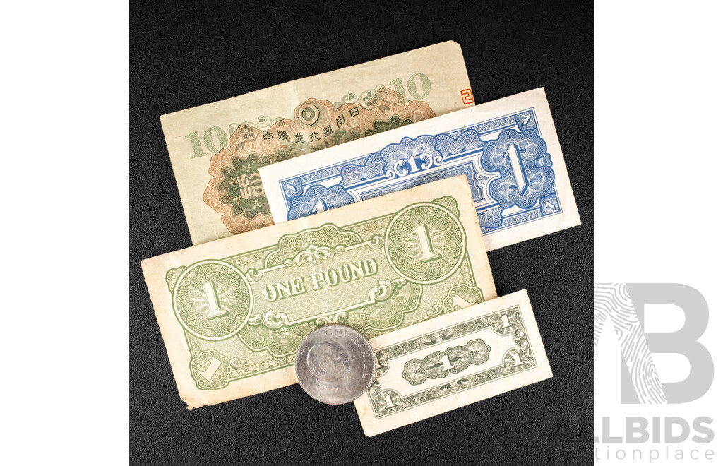Three Japanese World War Two Occupation Notes Including One Pound with 1930 Ten Yen Note and United Kingdom 1965 UNC Crown, Winston Churchill