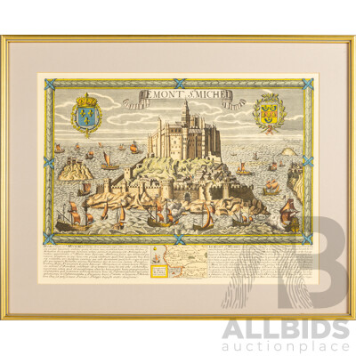 Le Mont-Saint-Michel (France), Wonderful Contemporary Historical Reproduction by Derveaux After Engraving by Jollain (c1680), 48H x 60W cm (frame)