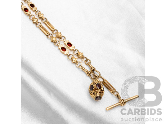 9ct Yellow Gold Fancy Link Fob & Garnet Necklace with Valuation. Length - 72cm, 70.99gms