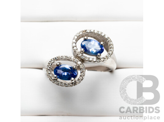 18ct White Gold Double Halo Tanzanite & Diamond Ring - Size N