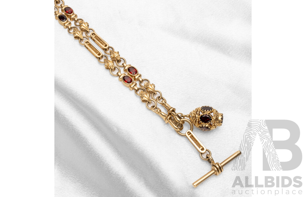 9ct Yellow Gold Fancy Link Fob Necklace with Garnets with Valuation. Length - 72cm