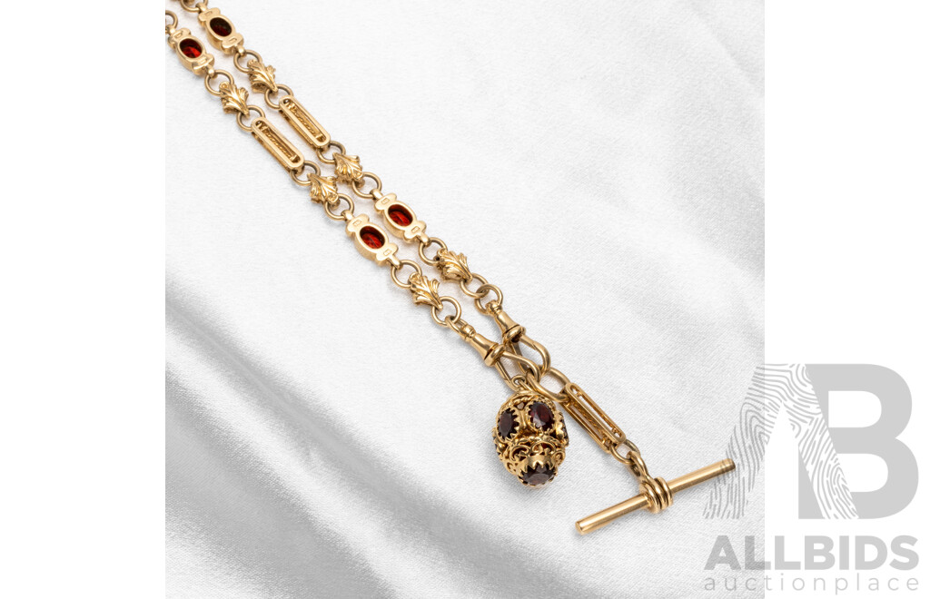9ct Yellow Gold Fancy Link Fob Necklace with Garnets with Valuation. Length - 72cm