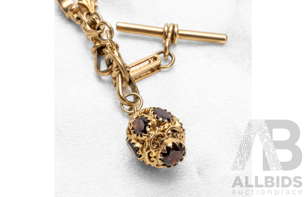 9ct Yellow Gold Fancy Link Fob Necklace with Garnets with Valuation. Length - 72cm