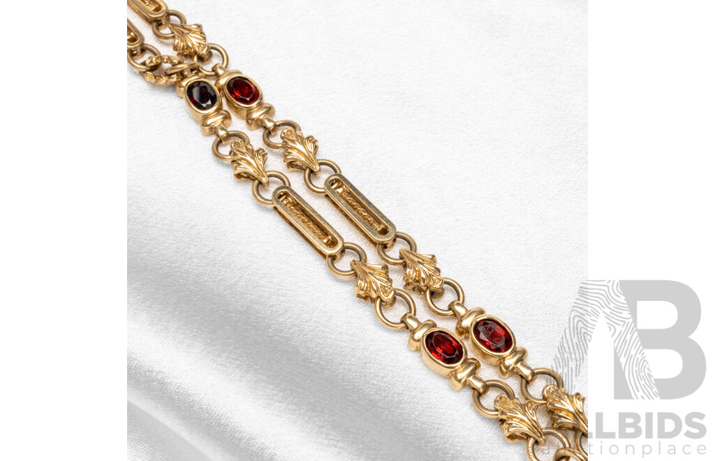 9ct Yellow Gold Fancy Link Fob Necklace with Garnets with Valuation. Length - 72cm