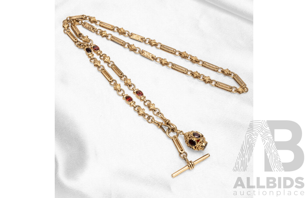 9ct Yellow Gold Fancy Link Fob Necklace with Garnets with Valuation. Length - 72cm