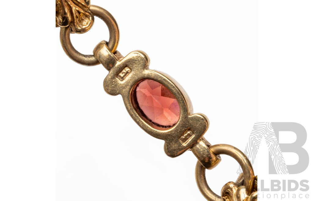 9ct Yellow Gold Fancy Link Fob Necklace with Garnets with Valuation. Length - 72cm