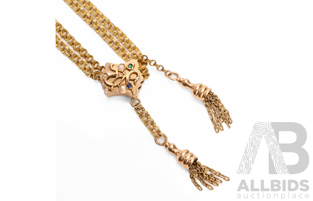 Vintage 14ct Gold Fancy Fine Multi Link Muff Chain & Pendant. Length - 79cm