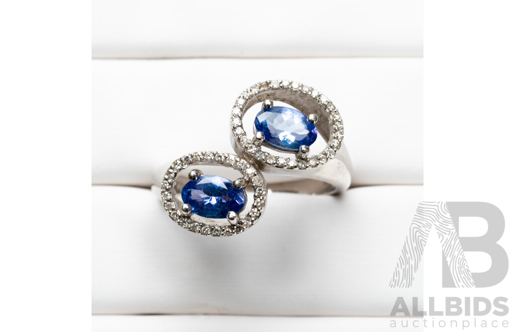 18ct White Gold Double Halo Tanzanite & Diamond Ring - Size N