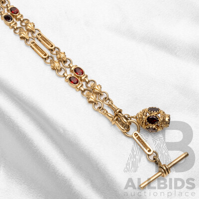 9ct Yellow Gold Fancy Link Fob Necklace with Garnets with Valuation. Length - 72cm
