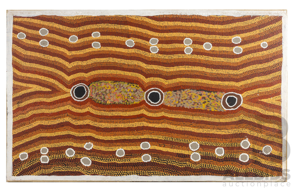 George Bush Tjangala (20th Century, Indigenous-Australian, 1925-1989), Untitled - Bush Tucker Dreaming, Original Vintage Acrylic on Linen, 57H x 96W cm