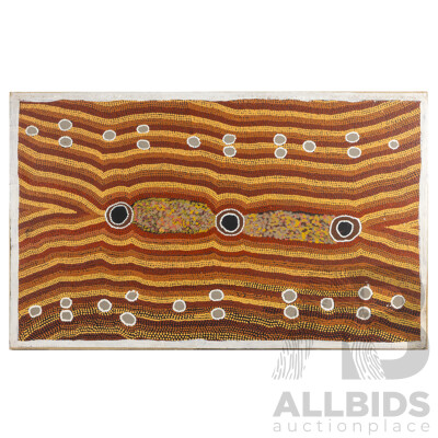 George Bush Tjangala (20th Century, Indigenous-Australian, 1925-1989), Untitled  - Bush Tucker Dreaming, Original Vintage Acrylic on Linen, 57H x 96W cm