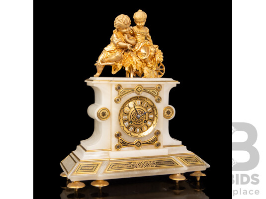 Louis XVI Style White Marble Ormolu-Mounted Mantle Clock with Garniture