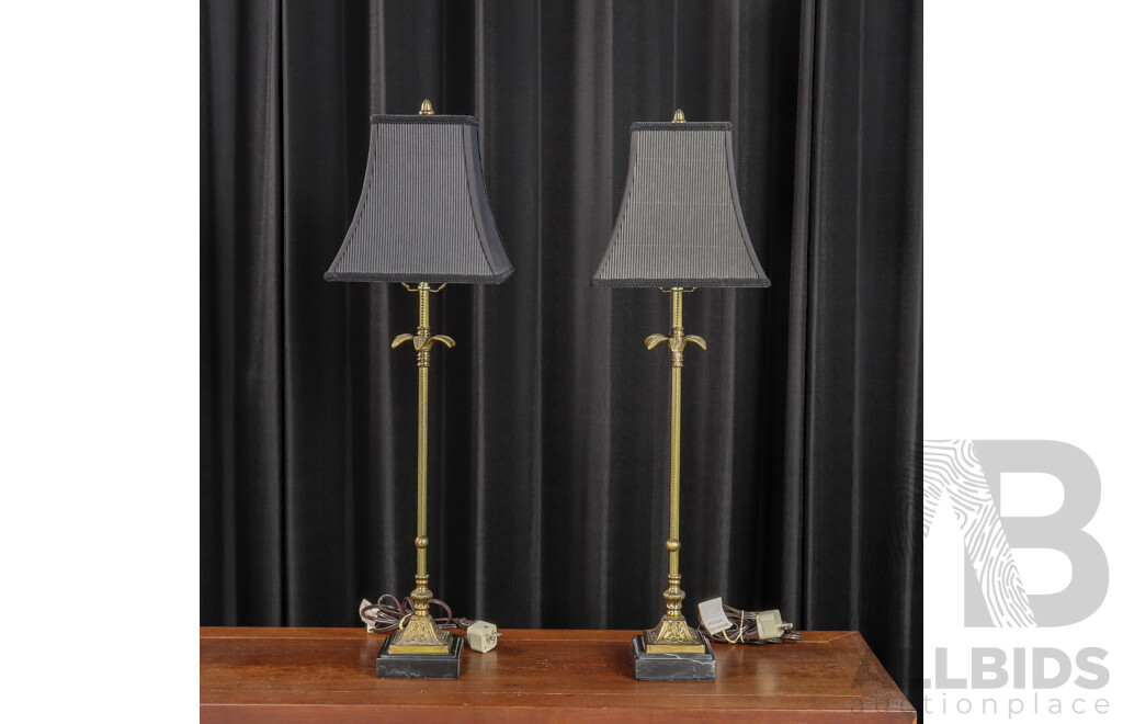 Pair of Fluted Brass Table Lamps with Marble Bases
