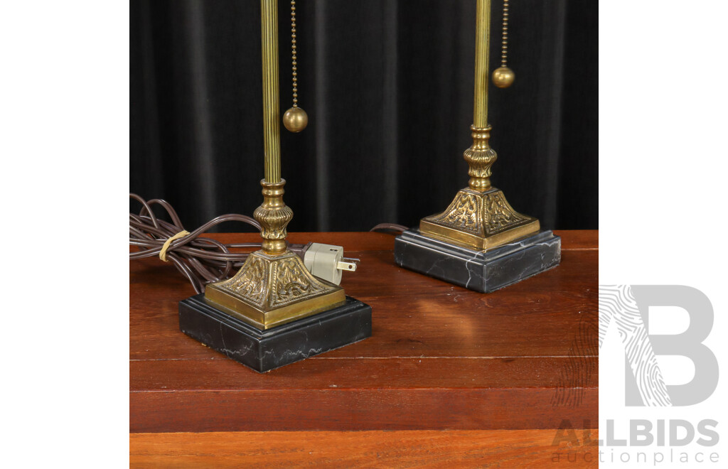 Pair of Fluted Brass Table Lamps with Marble Bases