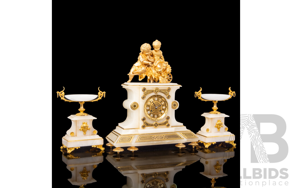 Louis XVI Style White Marble Ormolu-Mounted Mantle Clock with Garniture
