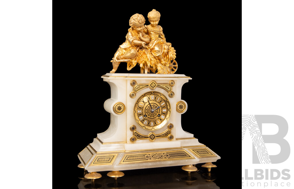 Louis XVI Style White Marble Ormolu-Mounted Mantle Clock with Garniture