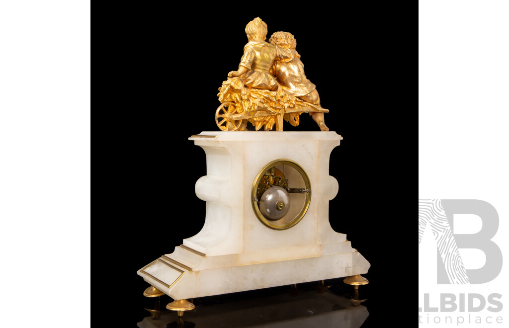 Louis XVI Style White Marble Ormolu-Mounted Mantle Clock with Garniture